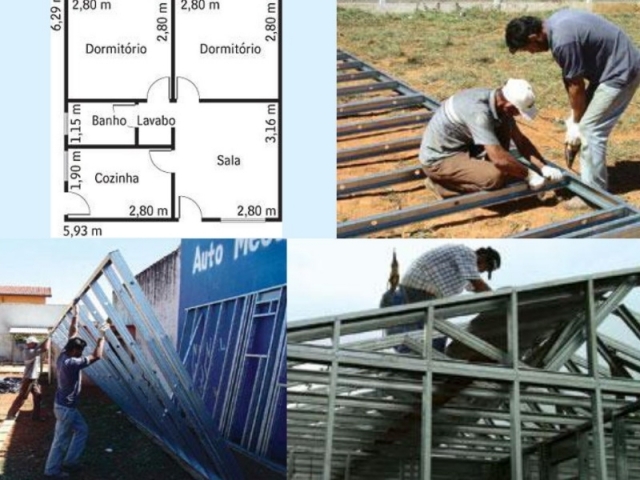 Casa popular con estructura de acero (Stella Frame) -  Plano e inicio del armado de la estructura de acero.