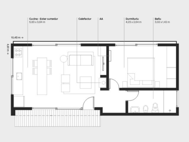 Vivienda de 1 dormitorio transportable (45 m2) - Plano con la distribución de las comodidades de la vivienda.