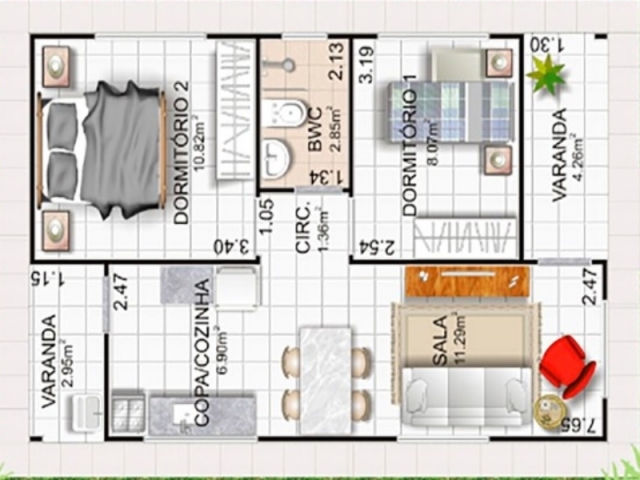 Casa de 54 m2 con 2 dormitorios (Steel Frame) en Brasil - Plano.