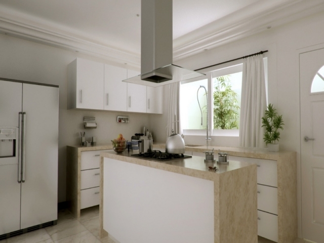 Modelo Arlanzón - Cocina moderna con isla y muebles de almacenamiento.